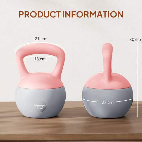 Sportnow 12kg soft kettlebell in pink and grey with non-slip handle for home gym strength training and weight lifting