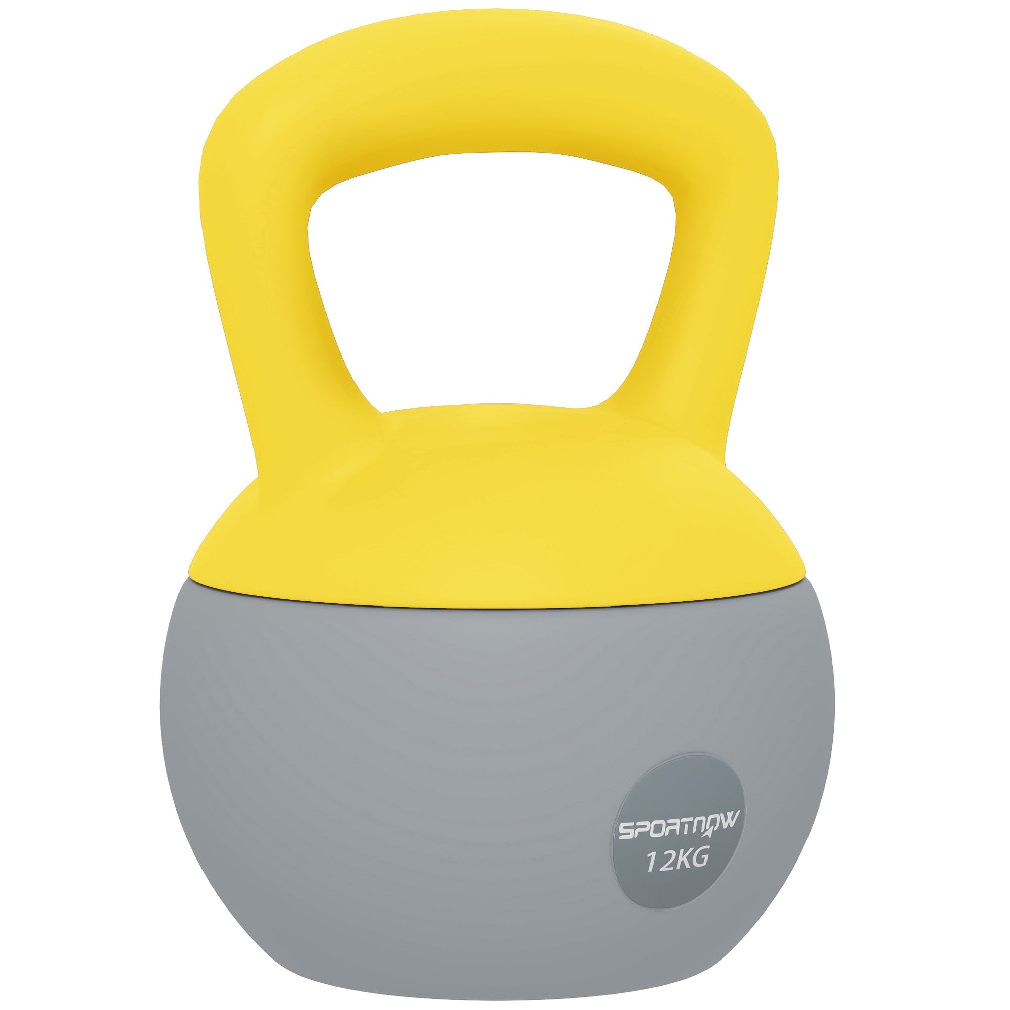 A vibrant yellow and grey sportnow 12kg soft kettlebell with non-slip handle and metal sand for strength training