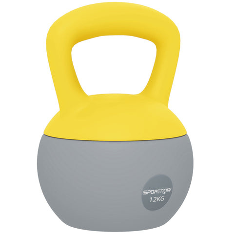 A vibrant yellow and grey sportnow 12kg soft kettlebell with non-slip handle and metal sand for strength training