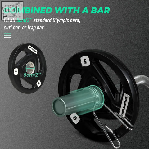 Black 5kg weight plate with green hub and silver clips tri grip rubber coated for home gym lifting and strength training