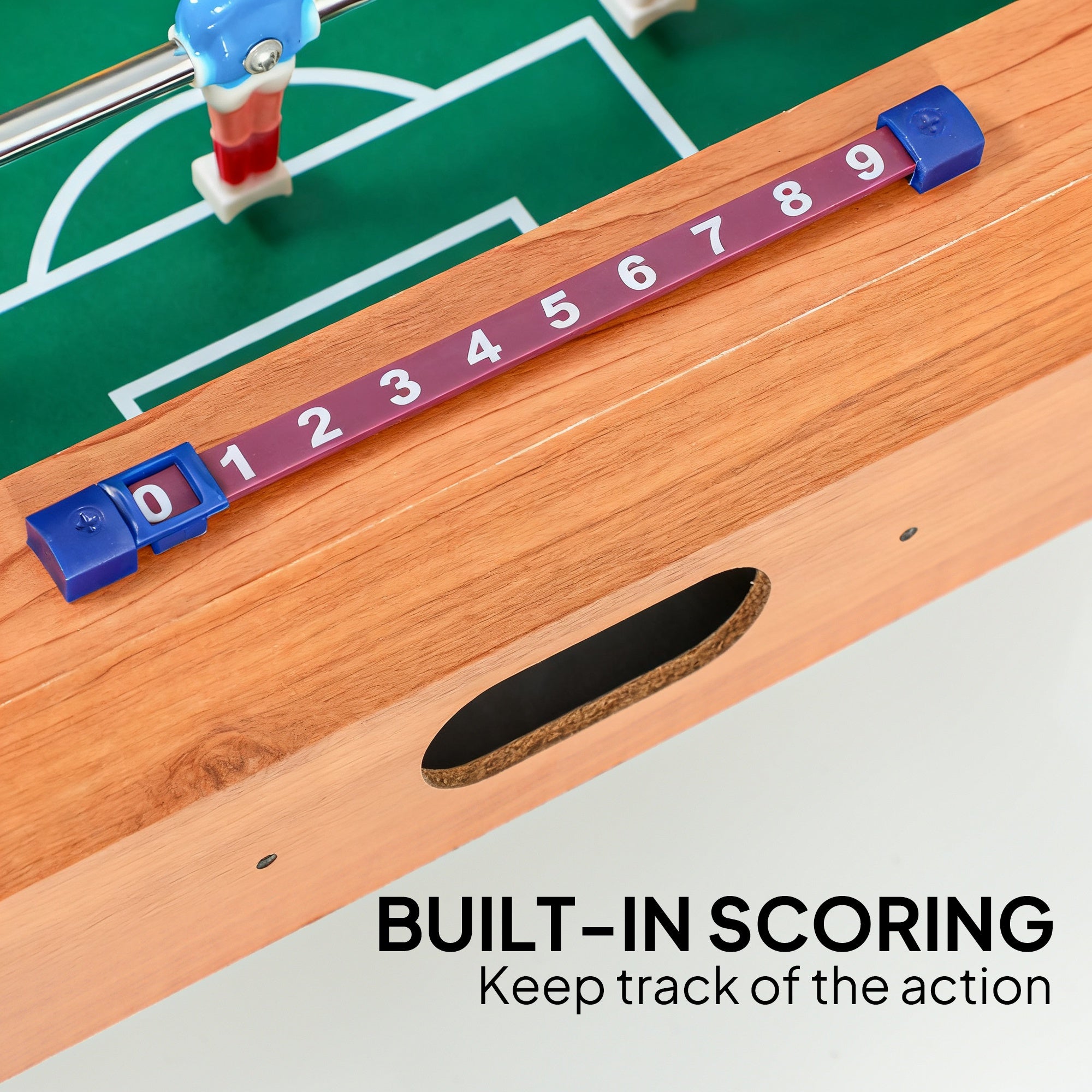 Purple plastic scoring strip with blue caps and white numbers for sportnow football table with stainless steel rods and nature wood finish