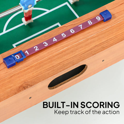 Purple plastic scoring strip with blue caps and white numbers for sportnow football table with stainless steel rods and nature wood finish