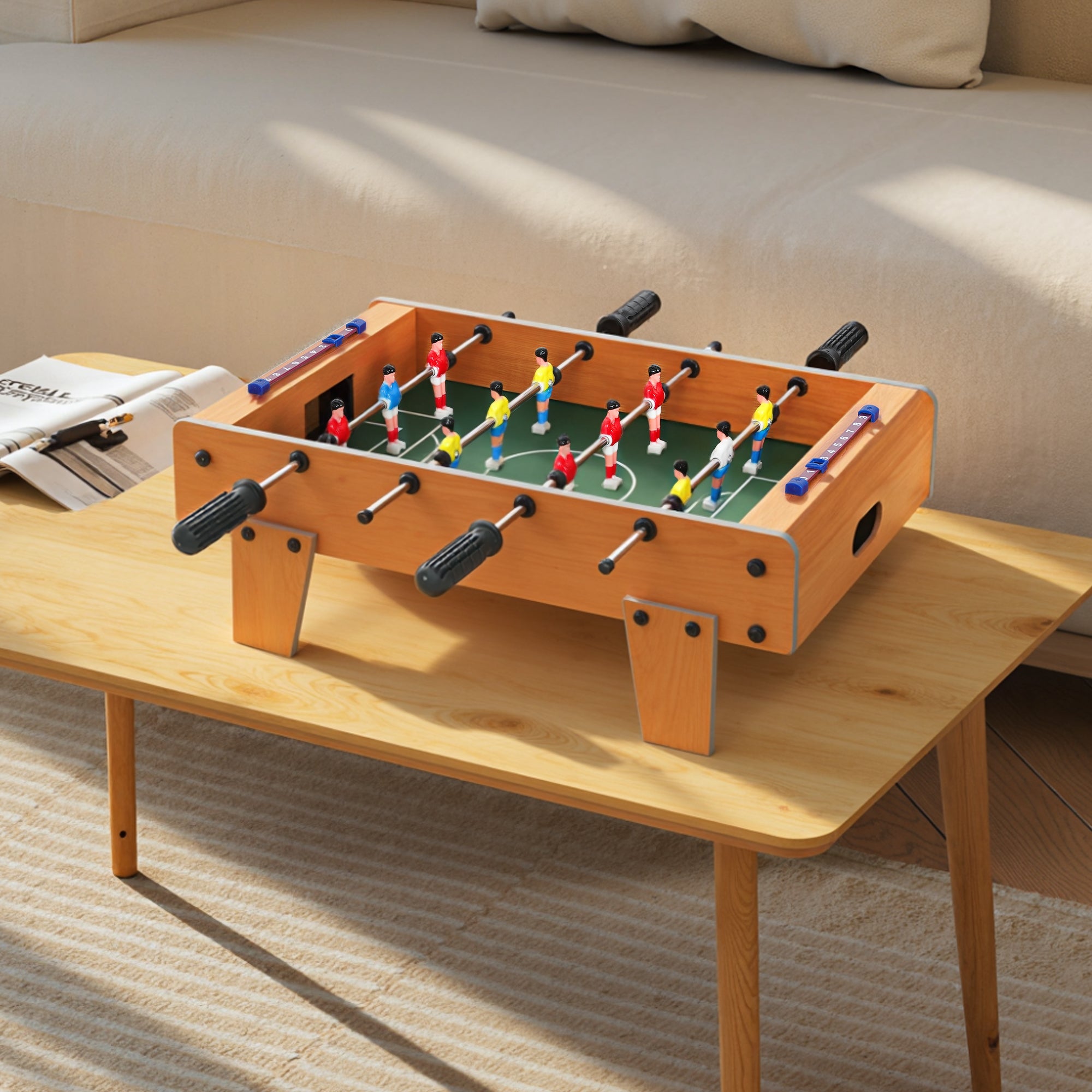Wooden football table with stainless steel rods colorful players and nature wood finish for kids and adults
