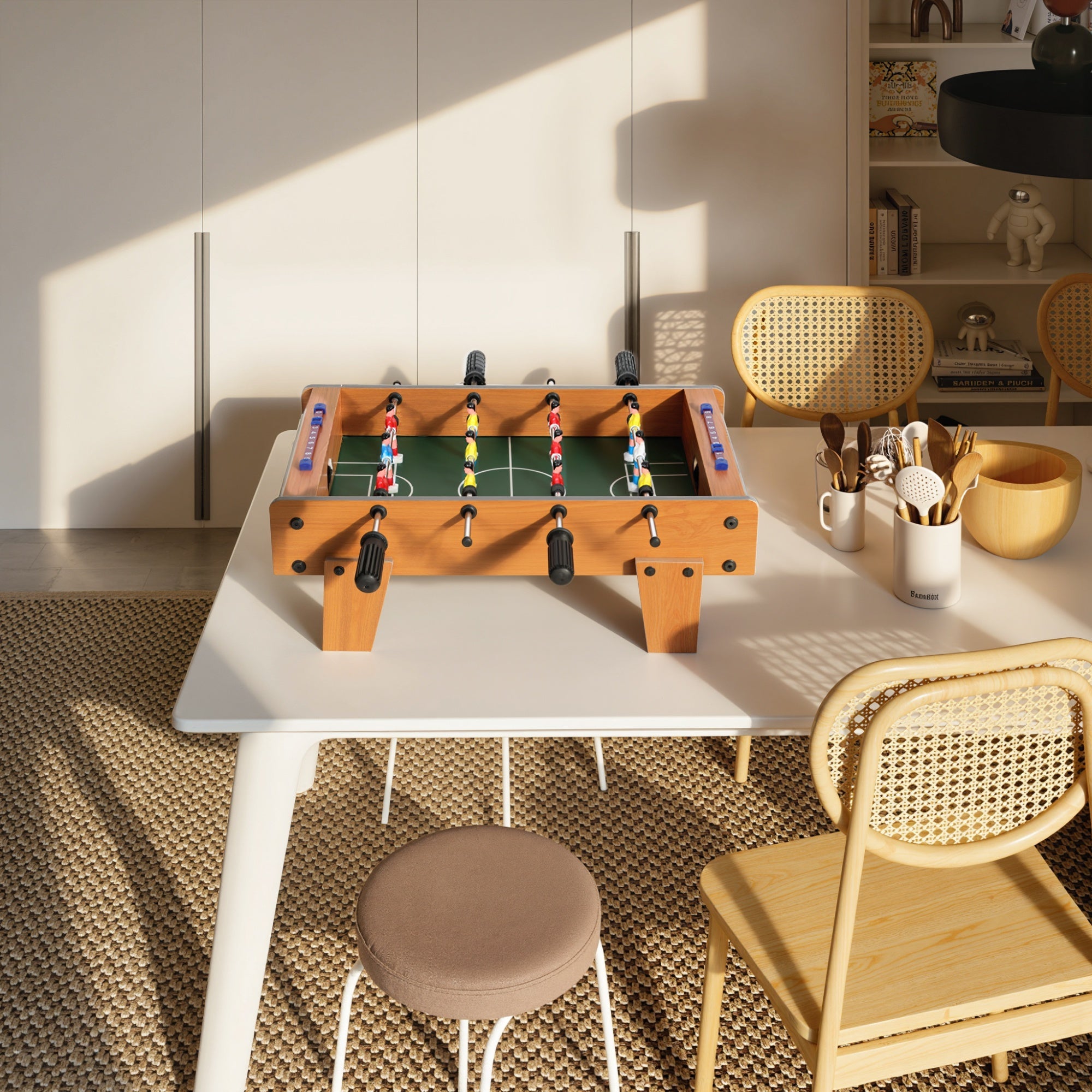Wooden foosball football table with colorful players, black handles, stainless steel rods, and nature wood finish