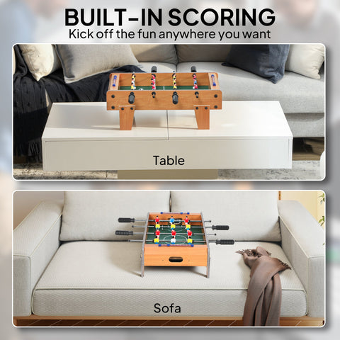 Wooden football table with stainless steel rods black handles colorful players nature wood finish for kids and adults