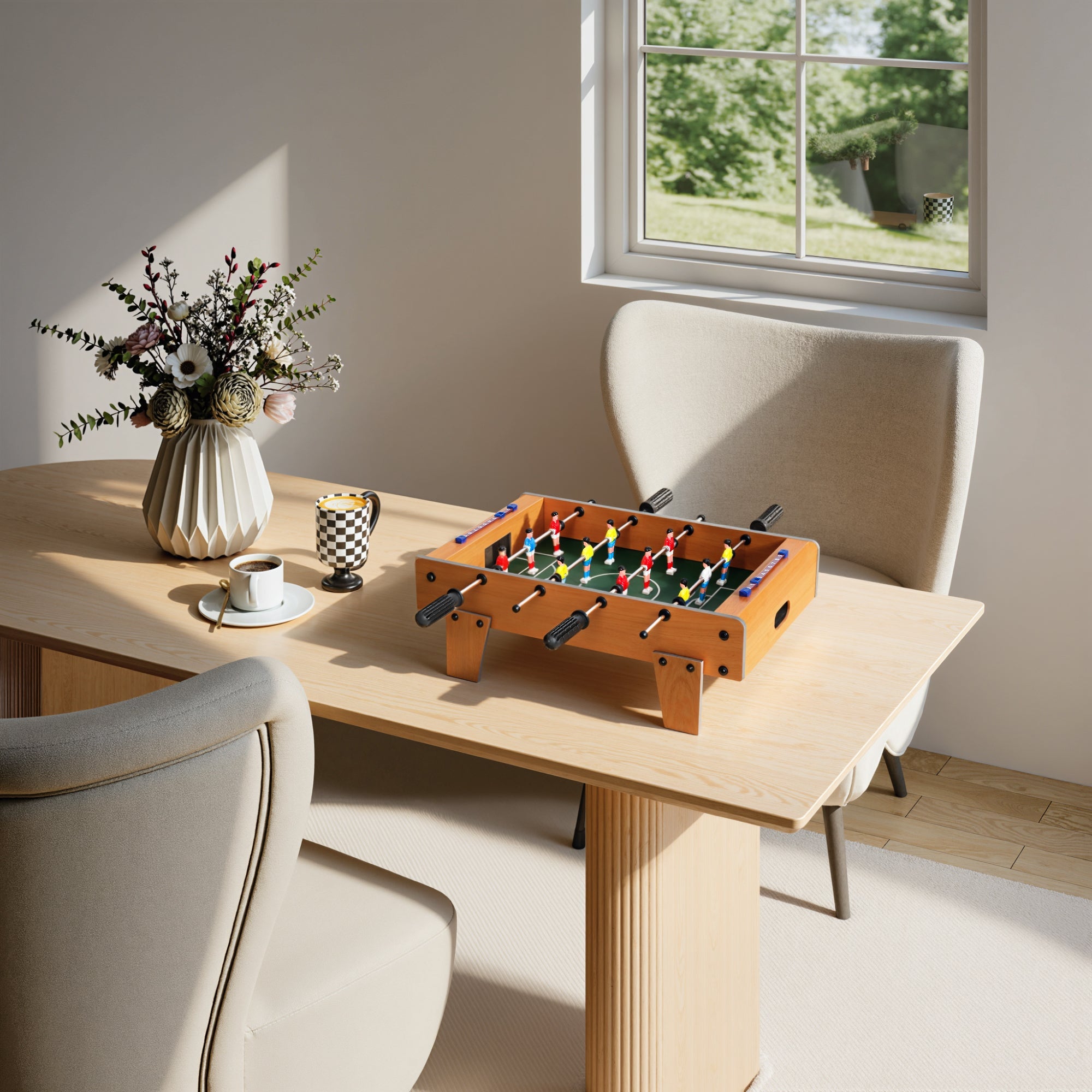 Wooden football table with colorful players and stainless steel rods featuring a nature wood finish for indoor fun