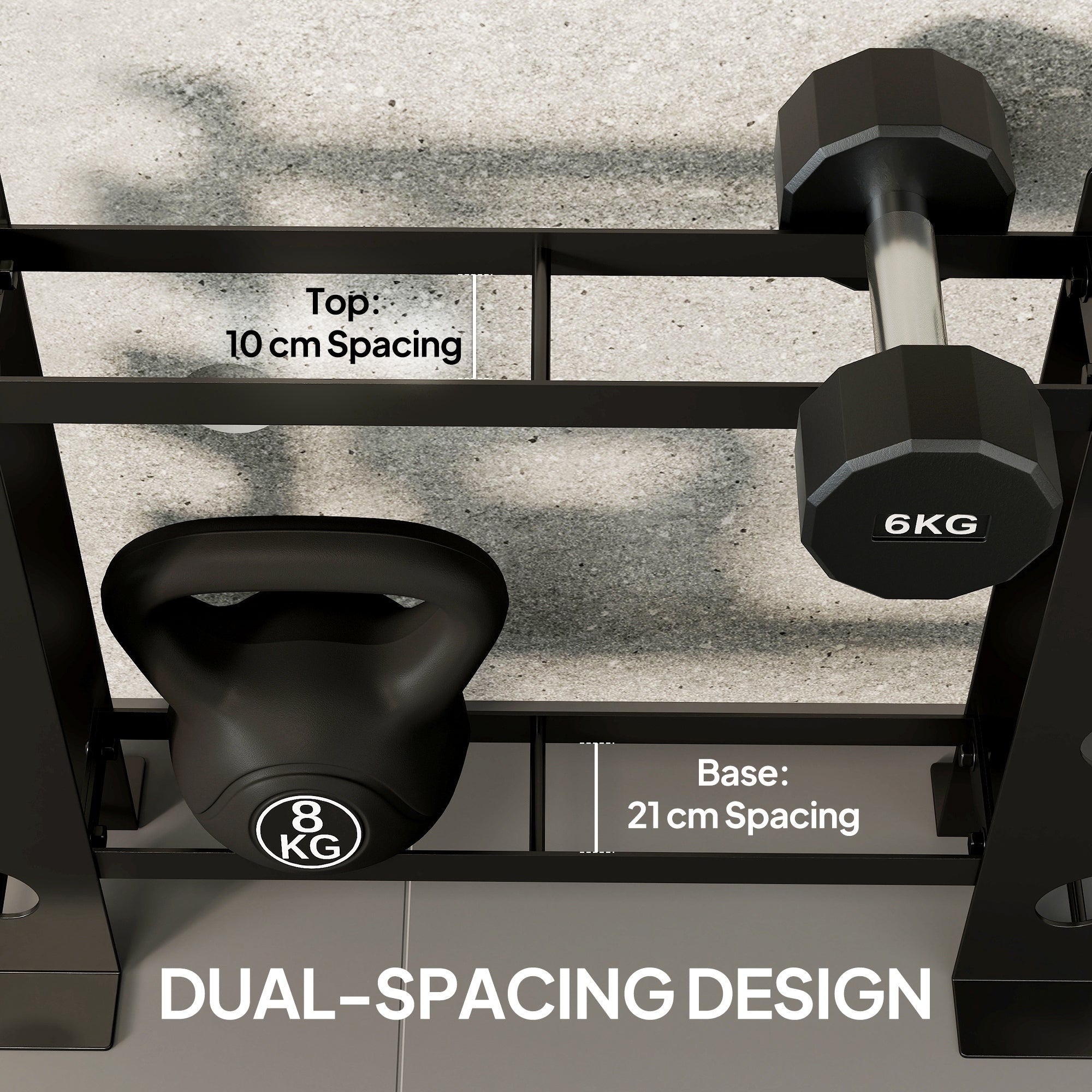 Black 8kg kettlebell on sportnow 4-tier dumbbell rack with easy access and 200 kg heavy-duty capacity in black