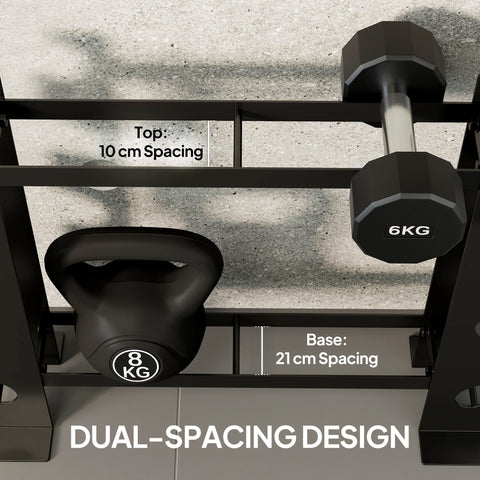 Black 8kg kettlebell on sportnow 4-tier dumbbell rack with easy access and 200 kg heavy-duty capacity in black