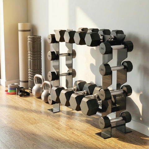 Black hexagonal dumbbells with silver plates neatly arranged on sportnow black metal dumbbell rack for easy access