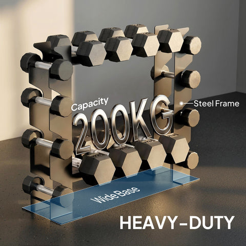 Sportnow black steel dumbbell rack with wide base and hexagonal holders offers heavy-duty 200 kg capacity for easy access