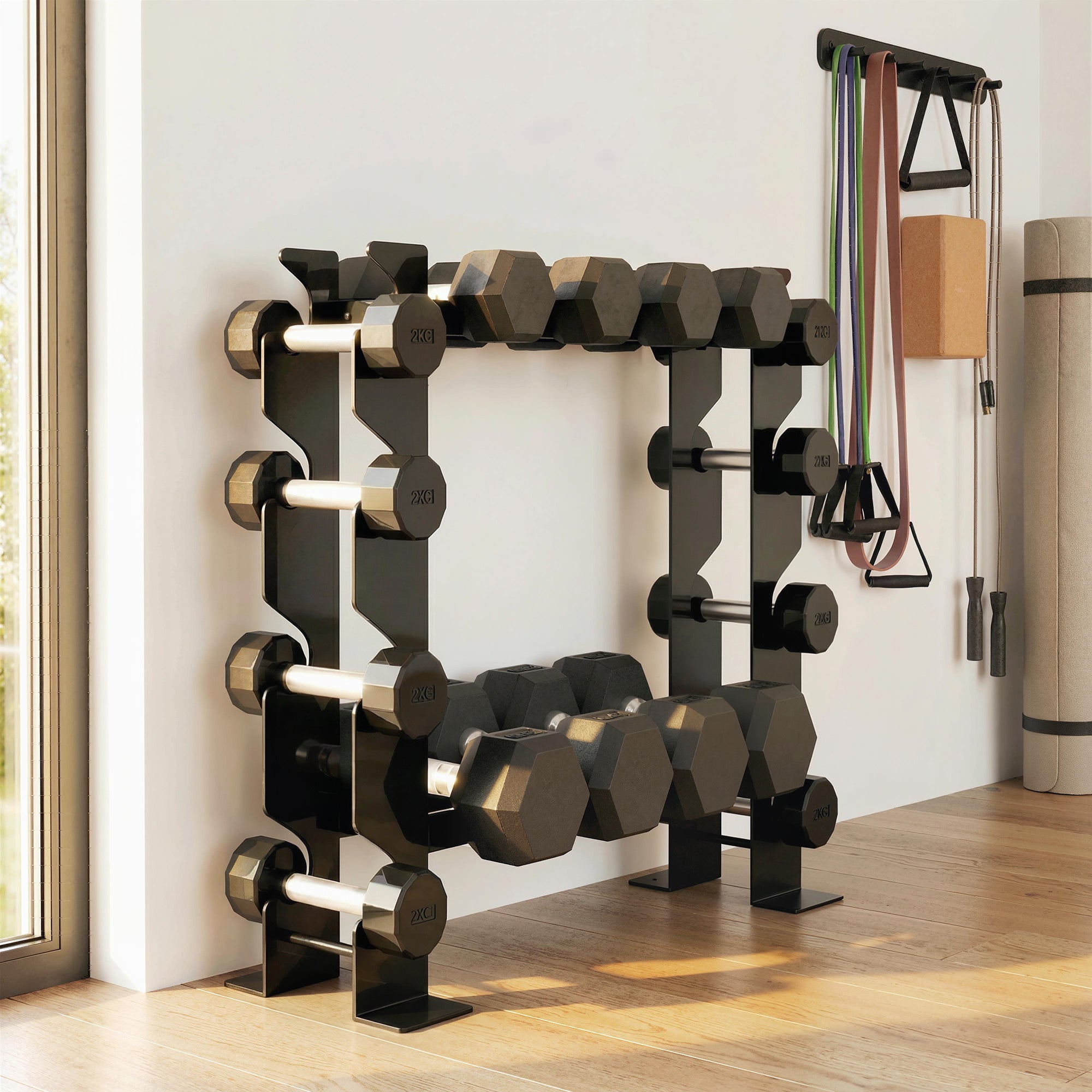 Black hexagonal dumbbell rack with easy access holds multiple weight plates in sportnow 4-tier heavy-duty design
