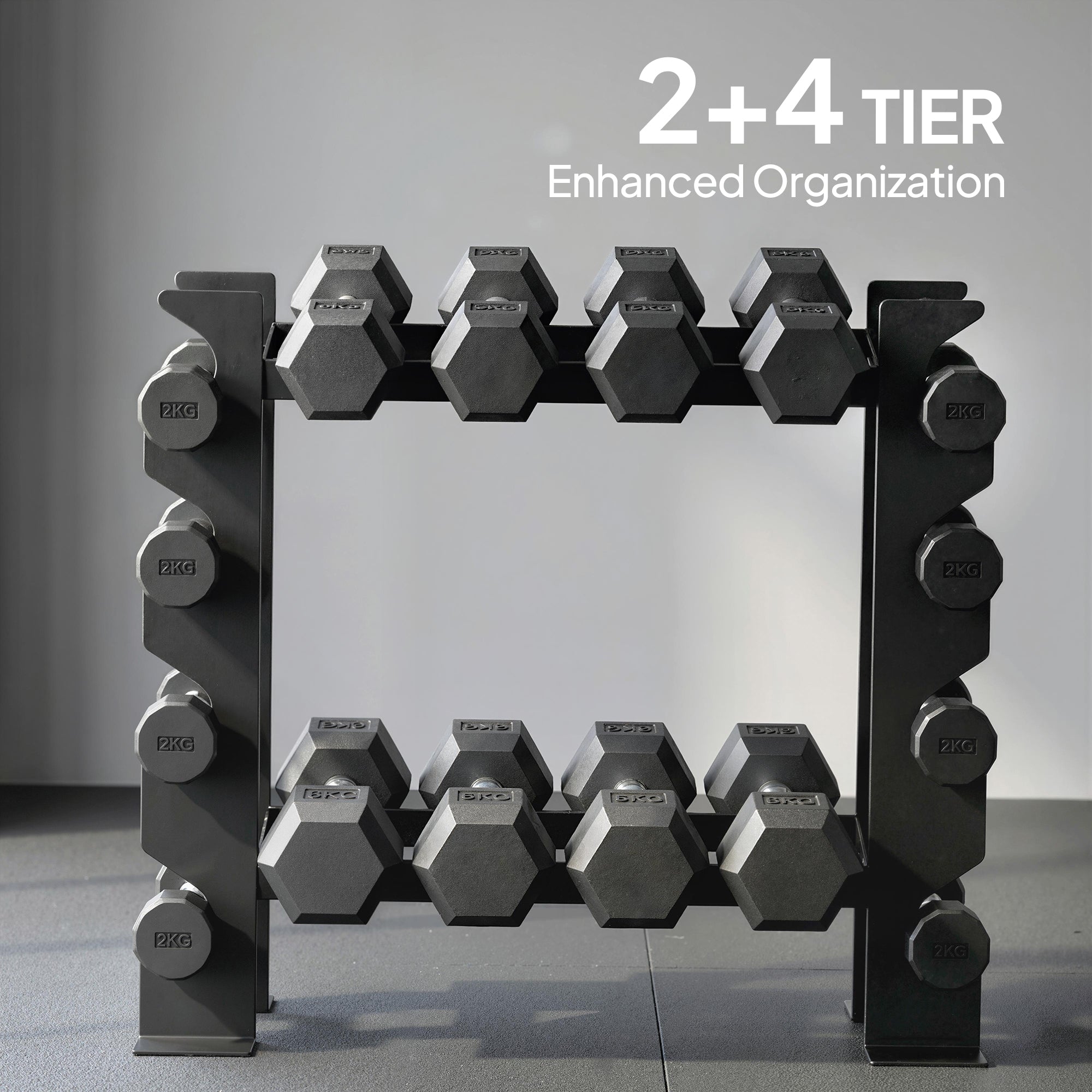 Black sportnow dumbbell rack with easy access stores hexagonal dumbbells on a heavy-duty two-tier weight rack