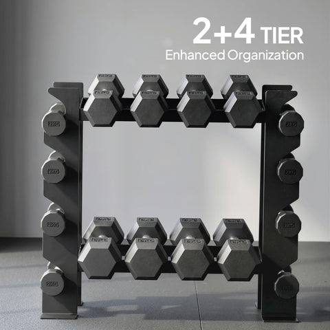 Black sportnow dumbbell rack with easy access stores hexagonal dumbbells on a heavy-duty two-tier weight rack