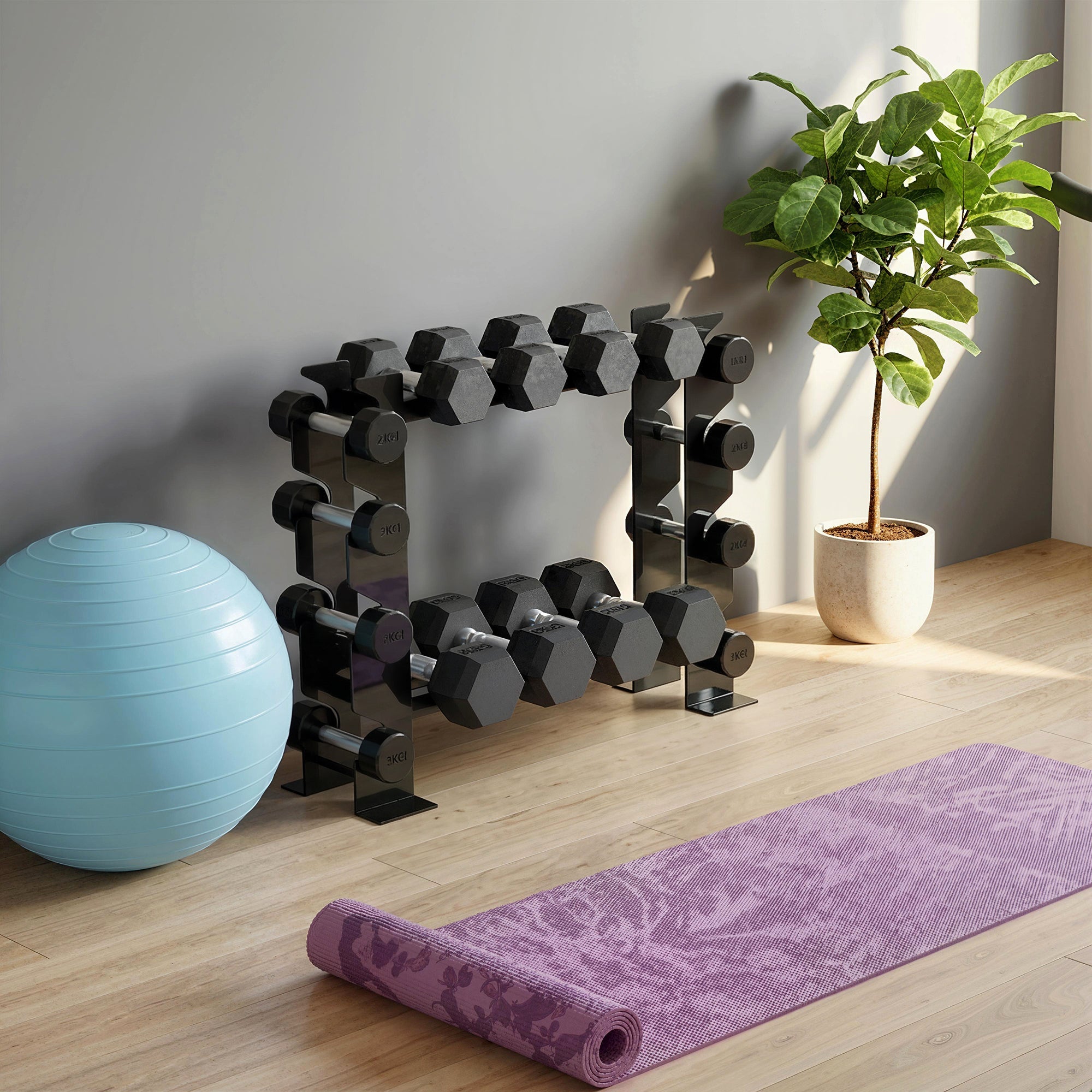 Black hexagonal dumbbell rack with easy access holds multiple dumbbells in sportnow 4-tier heavy-duty rack
