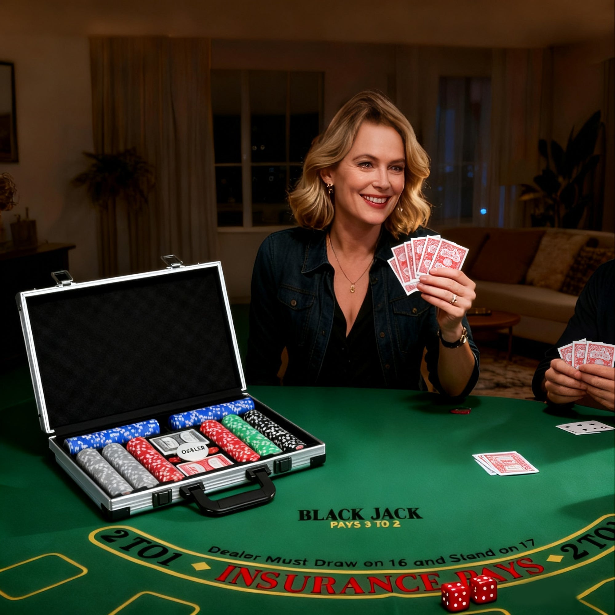 Silver aluminum abs case with black interior and colorful poker chips in sportnow 400-piece lightweight abs case set