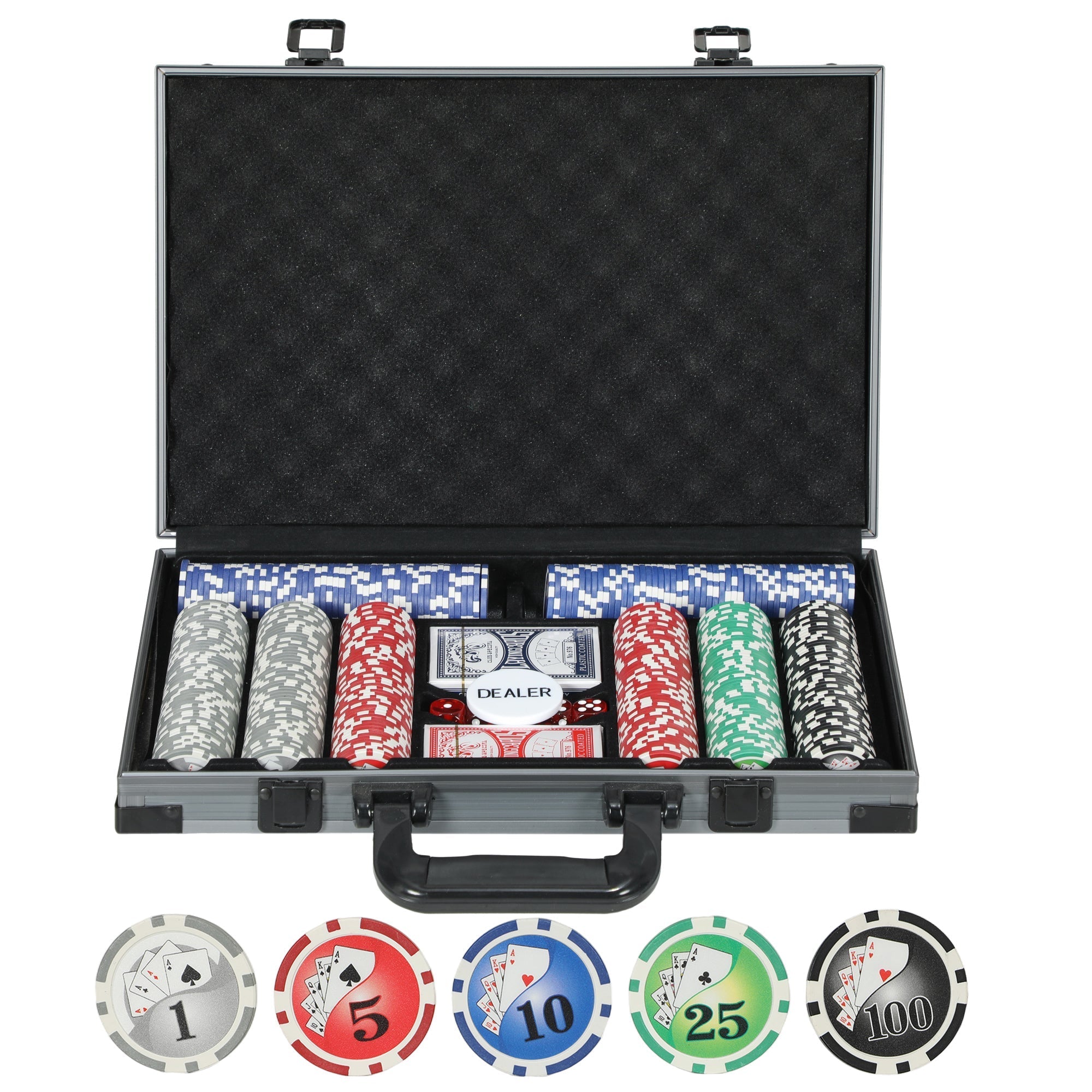A sleek black and silver lightweight abs case poker chip set with colorful stacks and a dealer button inside