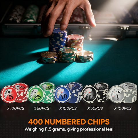 Stacks of colorful numbered poker chips in a lightweight abs case with dealer button included in sportsnow set