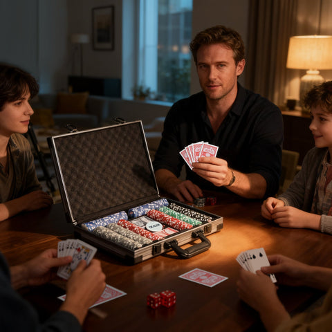Silver sportnow poker chip set with lightweight abs case and dealer button featuring colorful stacks in textured interior