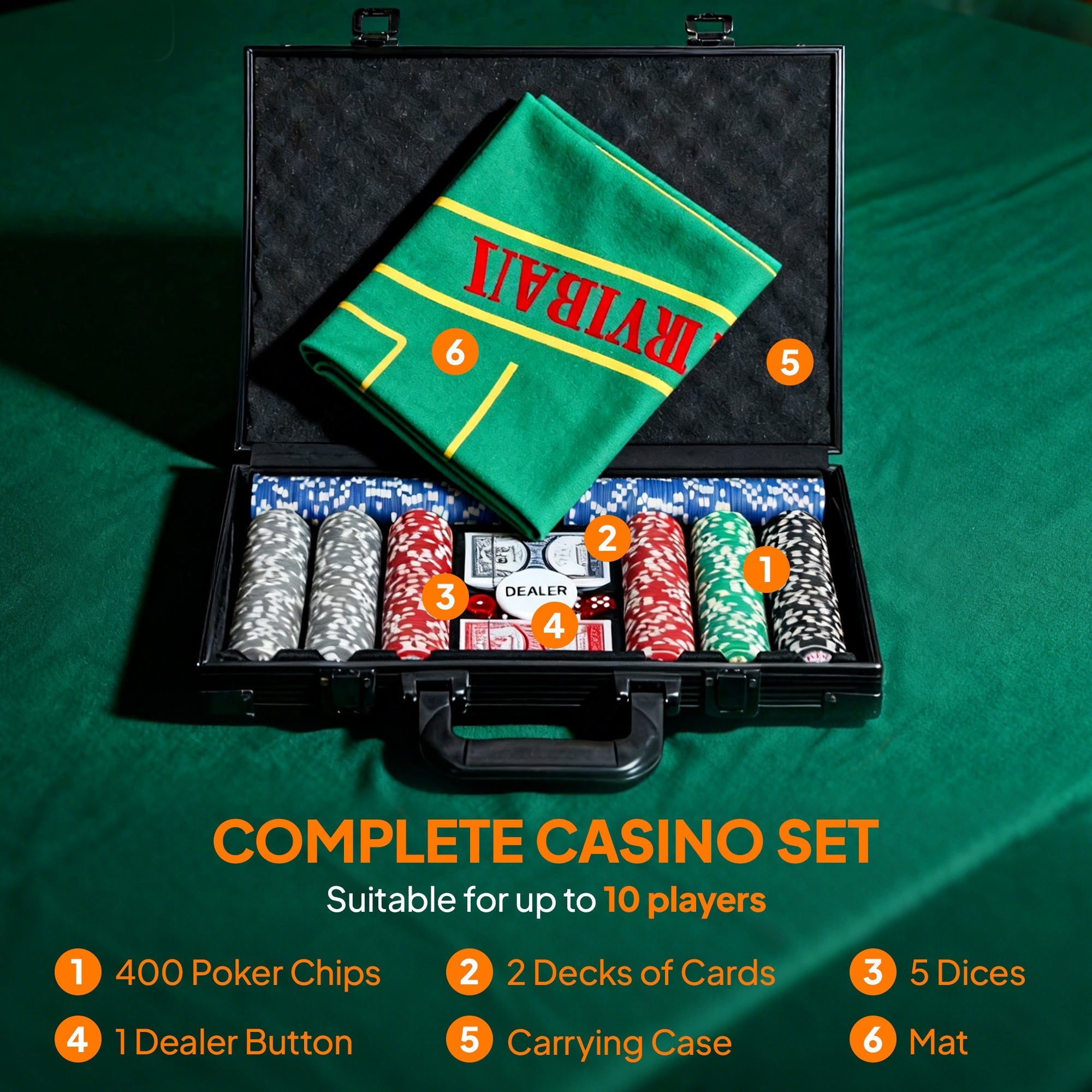 Black lightweight abs case with sportnow 400-piece poker chip set including dealer button cards dice and green mat