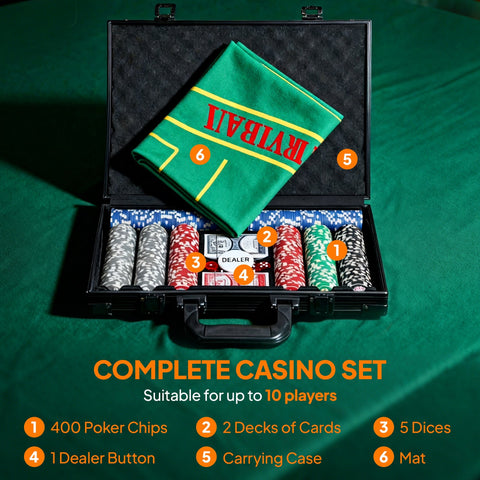 Black lightweight abs case with sportnow 400-piece poker chip set including dealer button cards dice and green mat