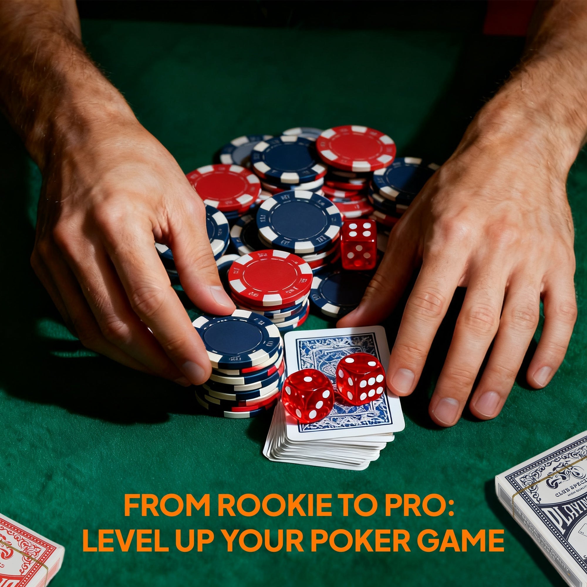 Stacks of red and blue poker chips with white borders on green felt with dealer button in lightweight abs case set