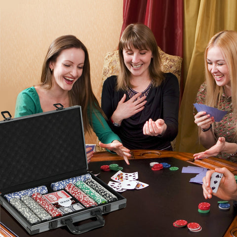 Black aluminum abs case with textured interior holding colorful 400-piece poker chips set with dealer button and mat