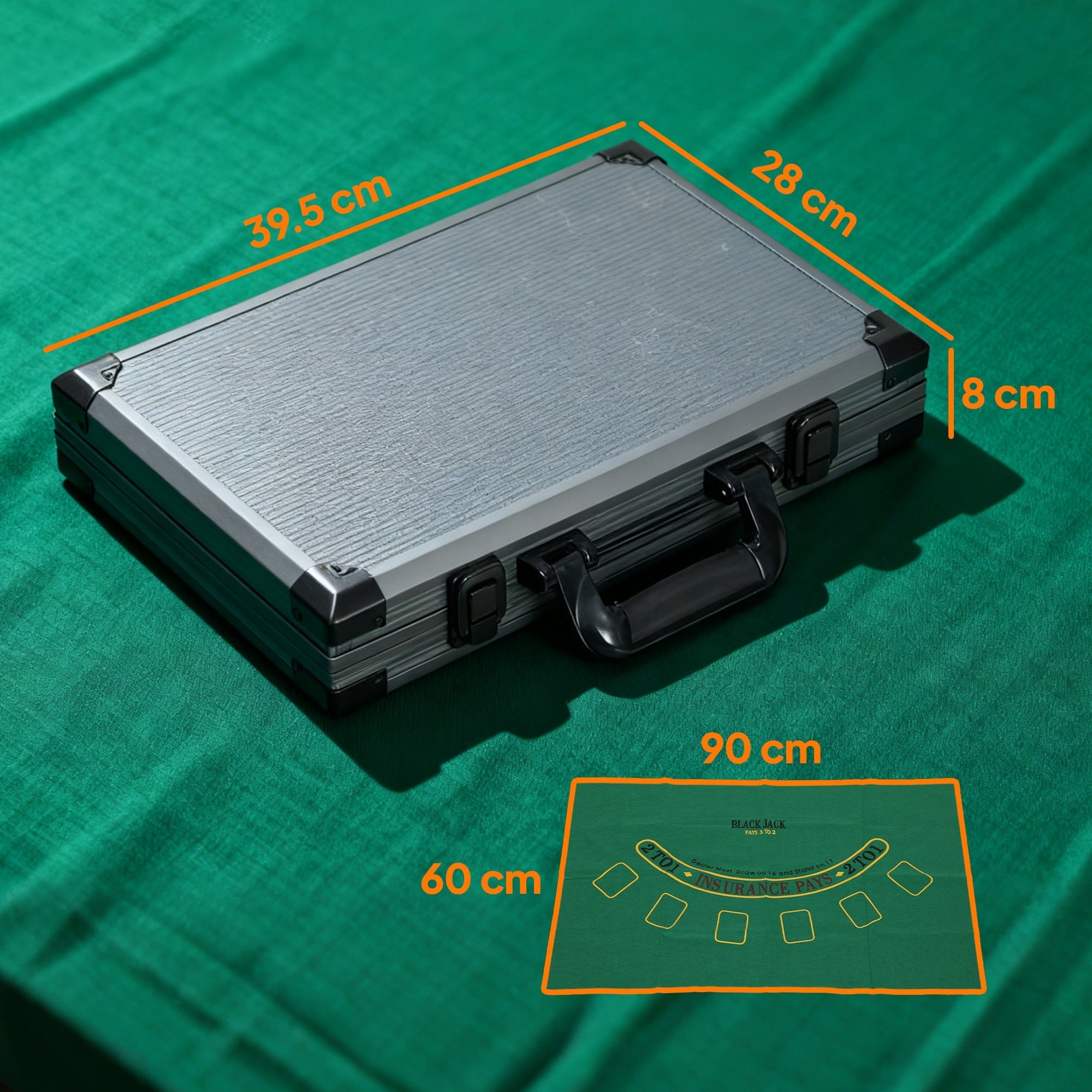 Silver aluminum poker case with black plastic trim and handle featuring a lightweight abs case for dealer button set