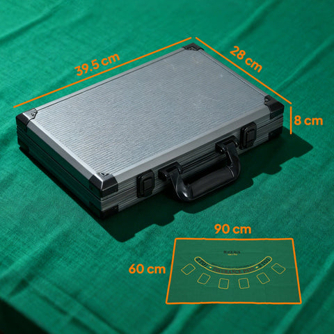 Silver aluminum poker case with black plastic trim and handle featuring a lightweight abs case for dealer button set