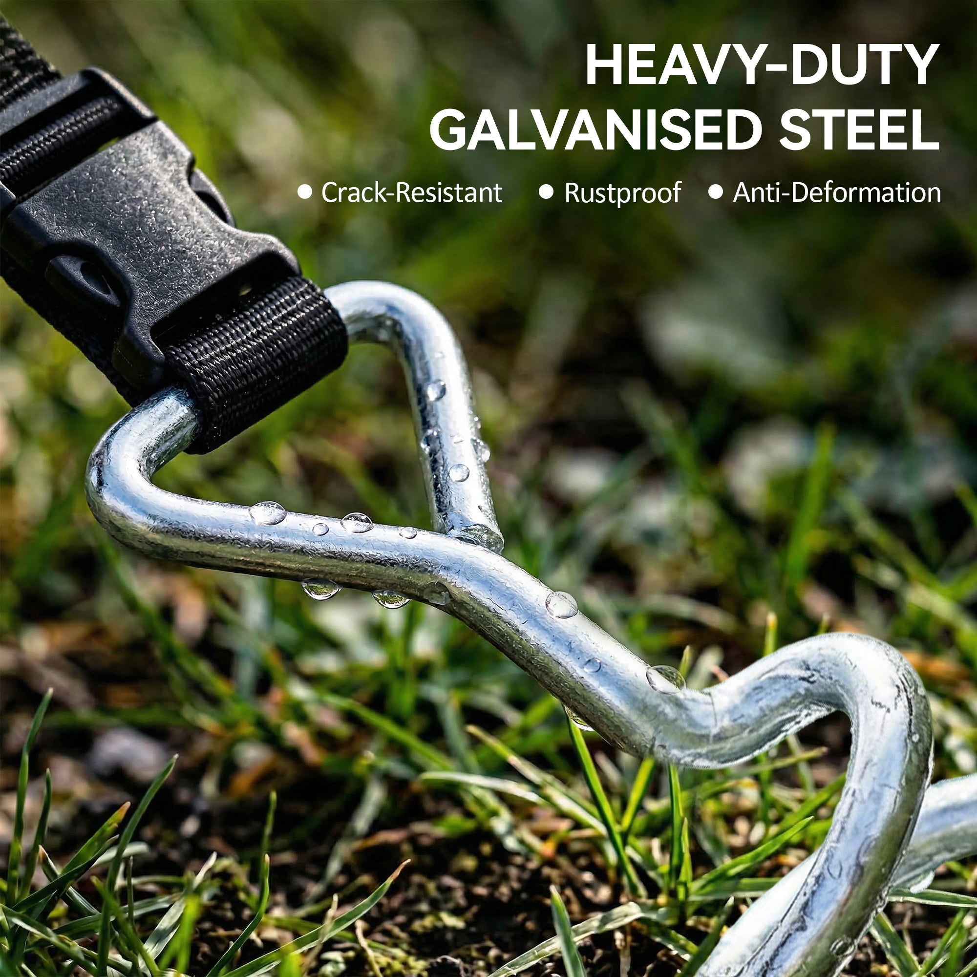 Silver galvanized steel trampoline stakes with black buckle and strap from sportnow trampoline anchor kit