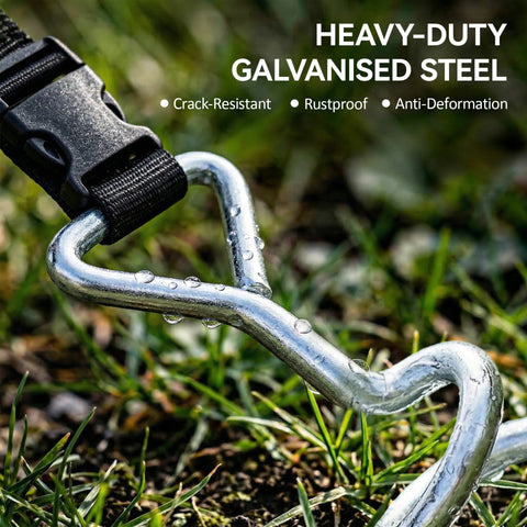 Silver galvanized steel trampoline stakes with black buckle and strap from sportnow trampoline anchor kit
