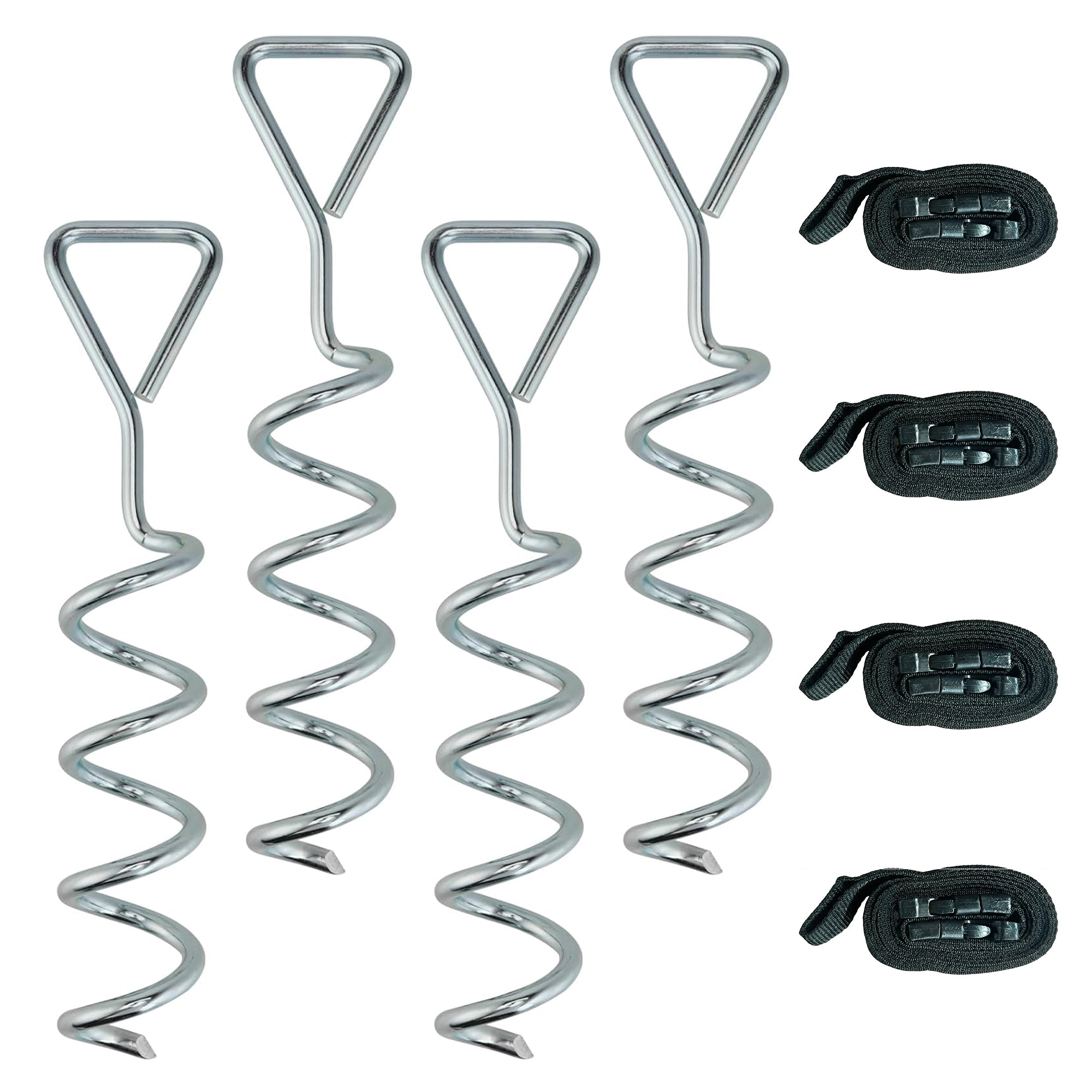 Set of four shiny chrome galva­nised spiral trampoline stakes with black straps from sportnow trampoline anchor kit