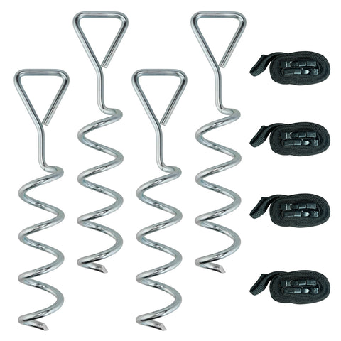 Set of four shiny chrome galva­nised spiral trampoline stakes with black straps from sportnow trampoline anchor kit
