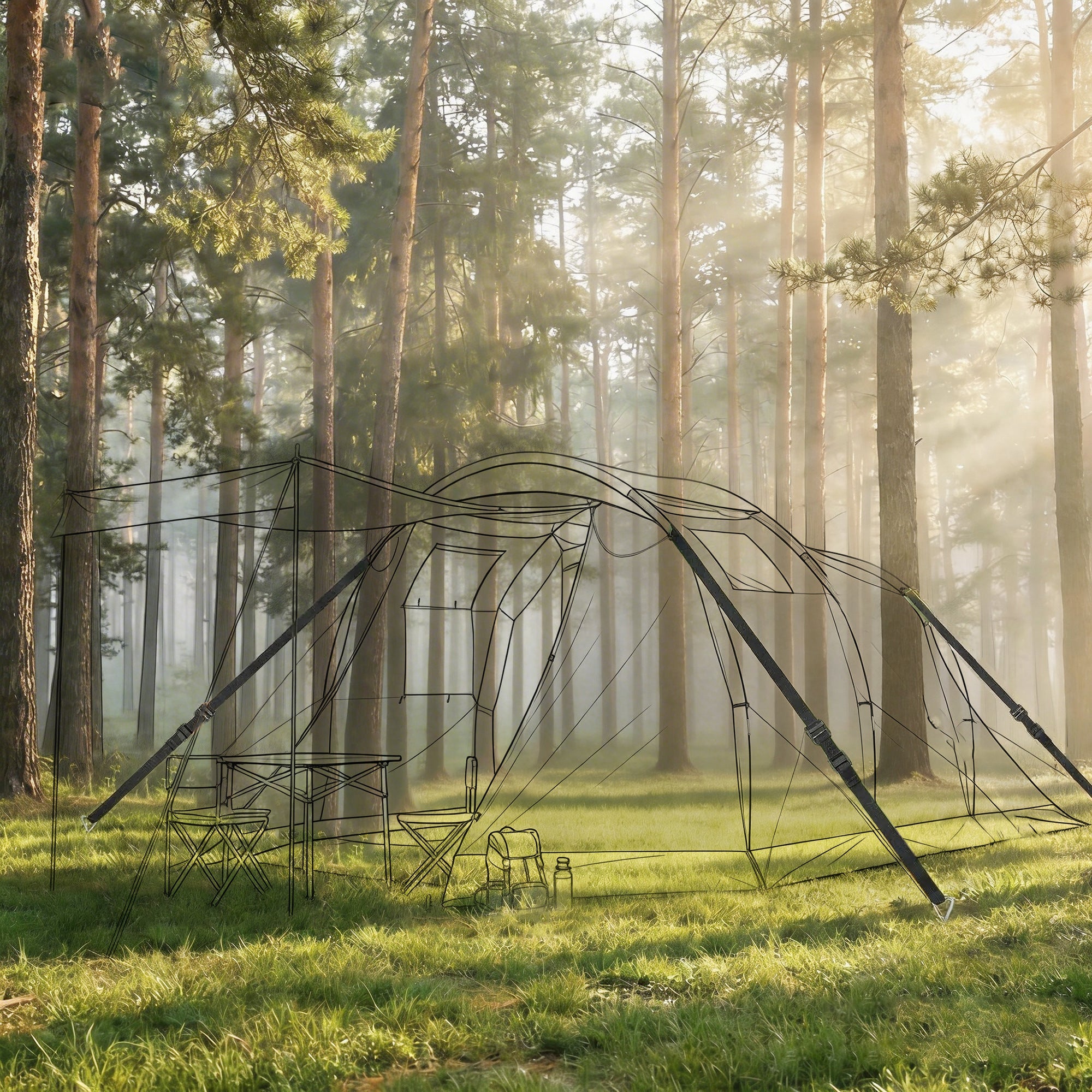 Black wireframe tent with mesh sides set up in misty forest showing use case with trampoline anchor kit stakes