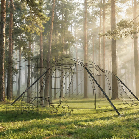 Black wireframe tent with mesh sides set up in misty forest showing use case with trampoline anchor kit stakes