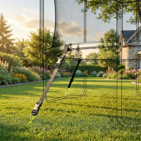 Black safety net with mesh and metal frame attached to trampoline support using sportnow trampoline anchor kit stakes straps