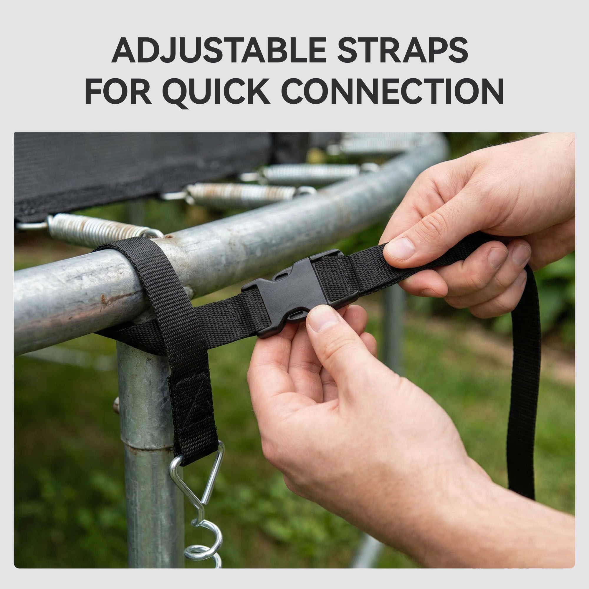 Black adjustable webbing strap with plastic buckle for quick connection in sportnow trampoline anchor kit
