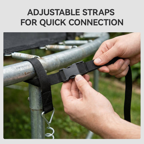 Black adjustable webbing strap with plastic buckle for quick connection in sportnow trampoline anchor kit