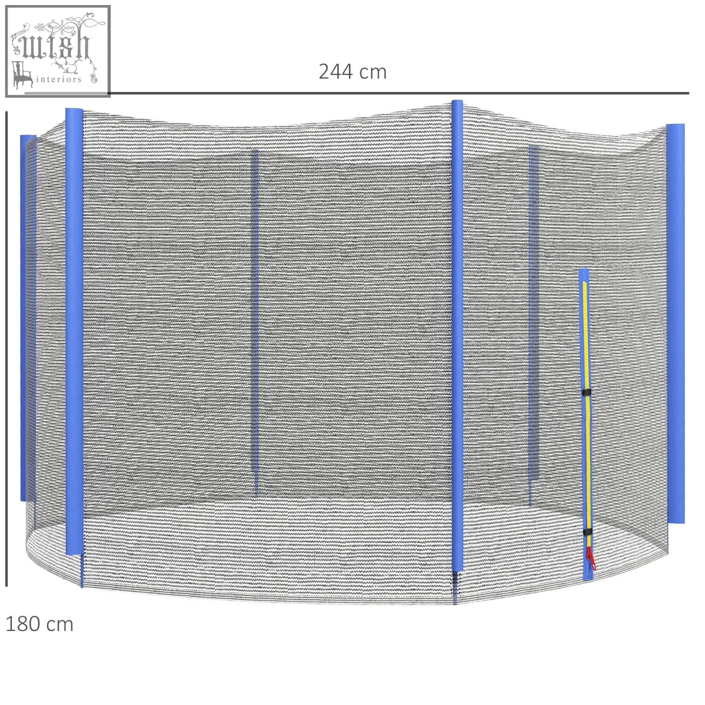 Blue-framed sportnow 8ft trampoline safety enclosure with gray mesh and plastic pole covers for weather resistance