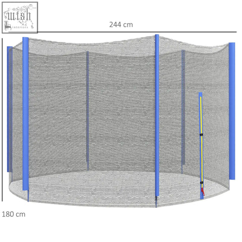 Blue-framed sportnow 8ft trampoline safety enclosure with gray mesh and plastic pole covers for weather resistance