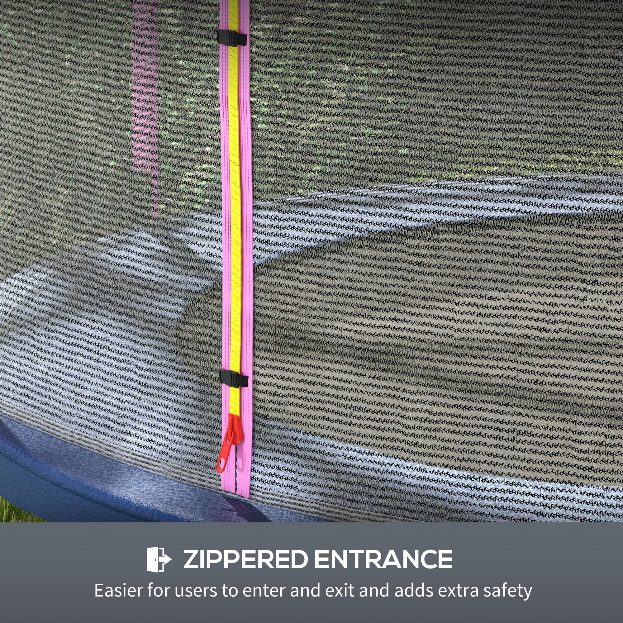 Pink and yellow zipper with black sliders on dark gray mesh for sportnow Φ244cm 8ft trampoline safety enclosure net replacement