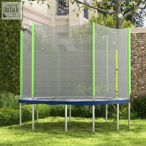 A round blue Φ244cm 8ft trampoline with a safety enclosure net and bright green vertical poles for extra safety
