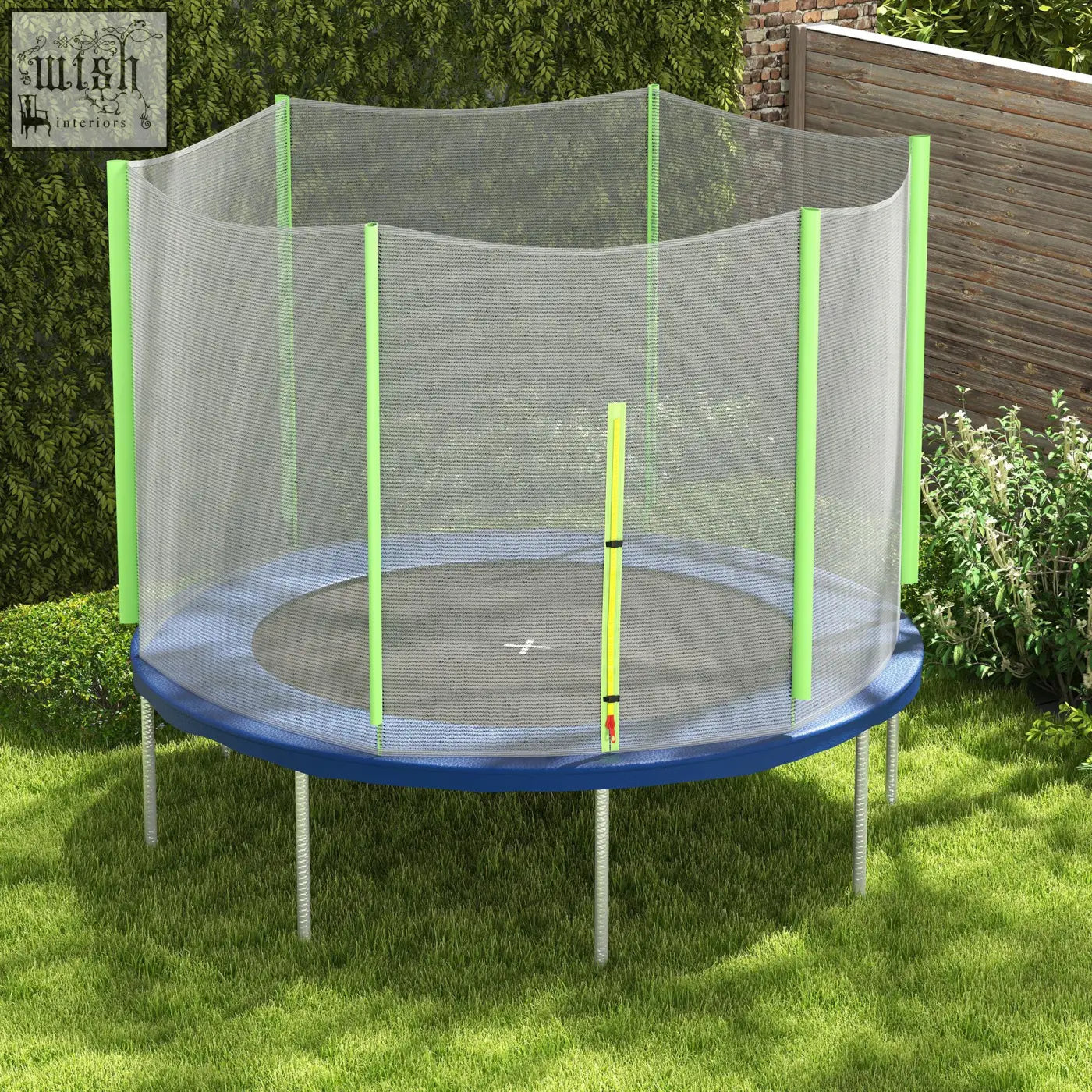 Blue and green sportnow 8ft trampoline net replacement with zipped entrance and 6 plastic pole covers safety enclosure