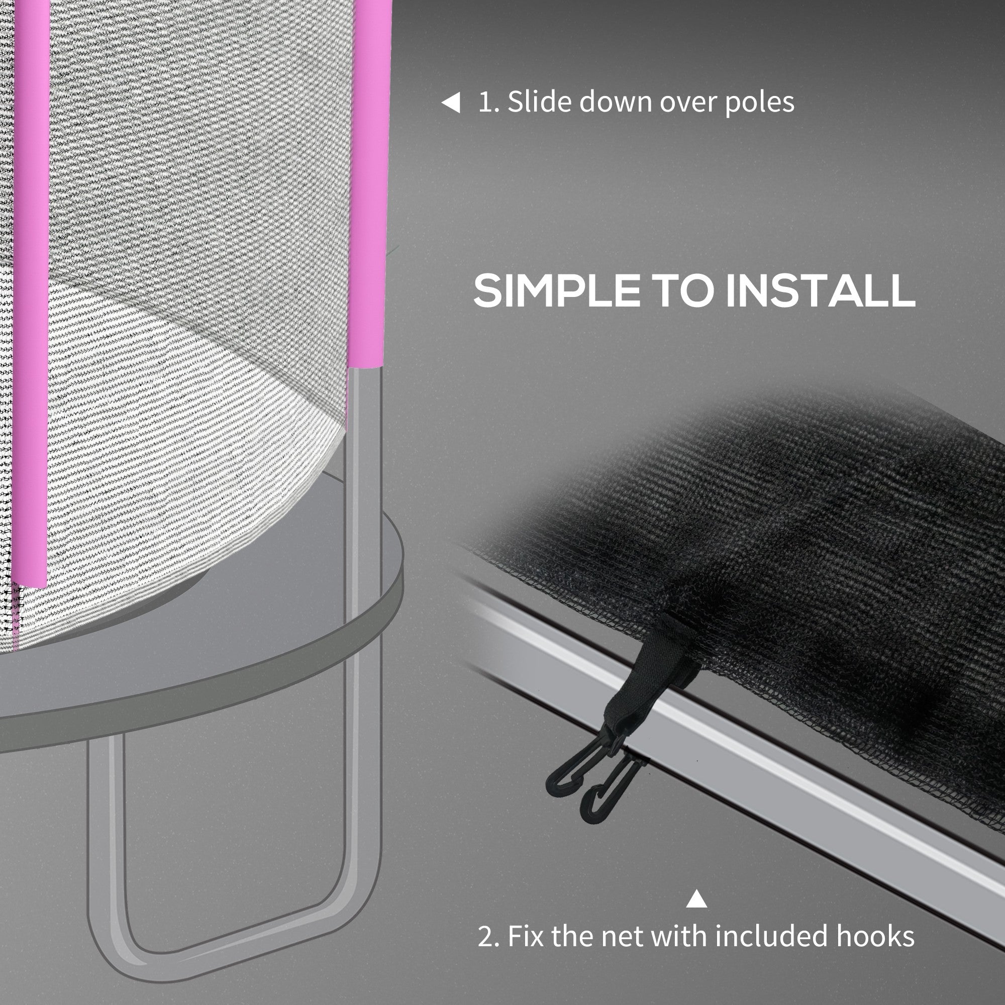 Sportnow 8ft trampoline safety enclosure net in pink and gray with black hooks for easy installation Φ244cm replacement