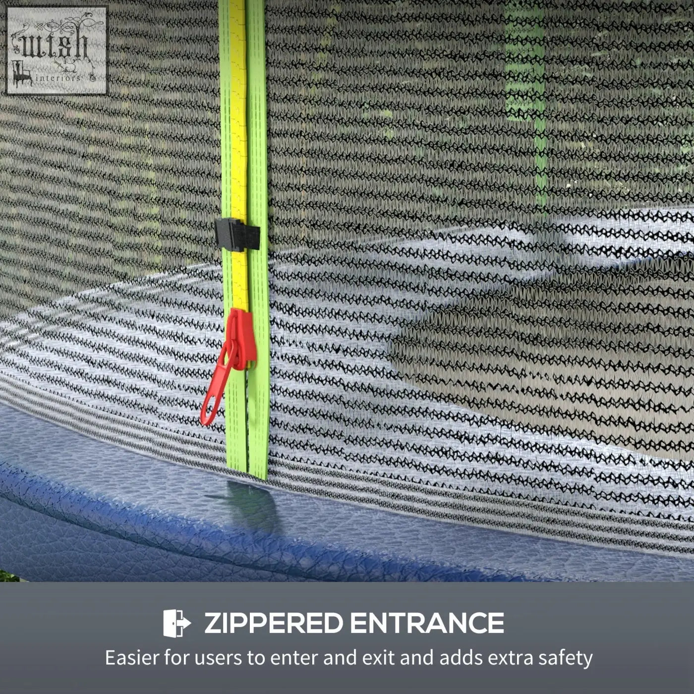 Bright green zipper track with red pull tab securing black and white mesh netting on sportnow φ244cm 8ft trampoline safety enclosure