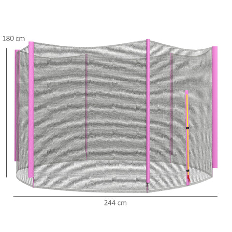 Pink-framed safety enclosure net for Φ244cm 8ft trampoline with zipped entrance and 6 plastic pole covers