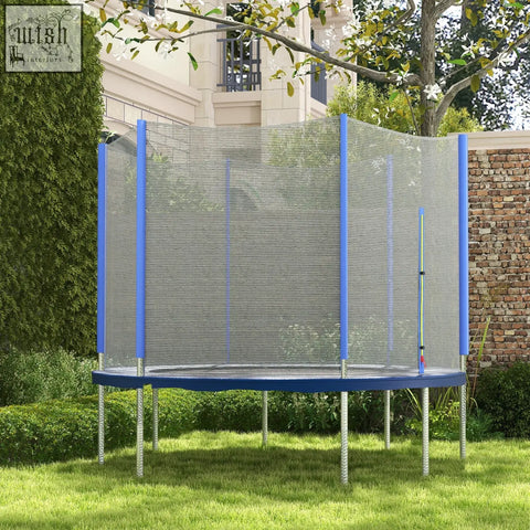 Blue-framed φ244cm 8ft trampoline safety enclosure net with zipped entrance and 6 plastic pole covers metal legs visible