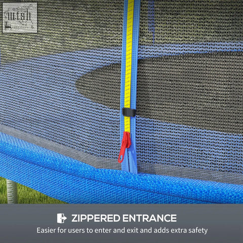 Blue and yellow zipped entrance with red pull tab on sportnow Φ244cm 8ft trampoline safety enclosure net