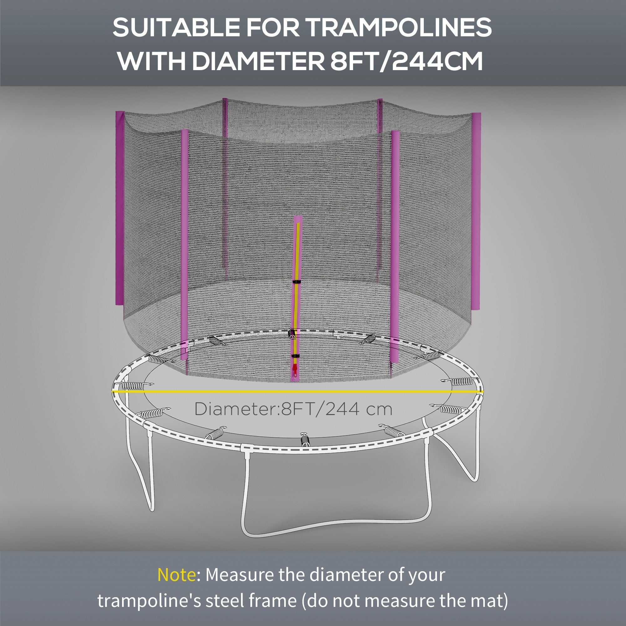Purple safety enclosure net for sportnow Φ244cm 8ft trampoline with zipped entrance and 6 plastic pole covers