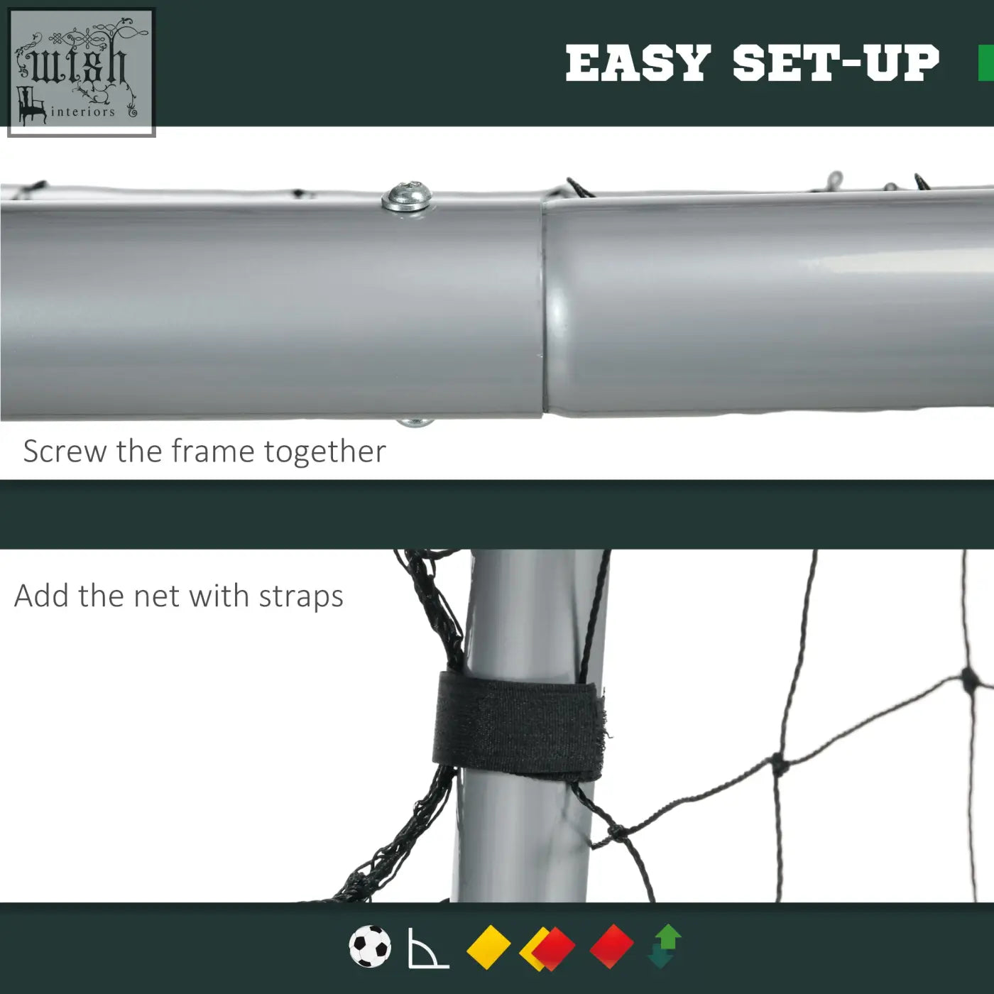 Silver metal football goal frame with black netting and straps in sportnow 8ft x 5ft garden football goal setup