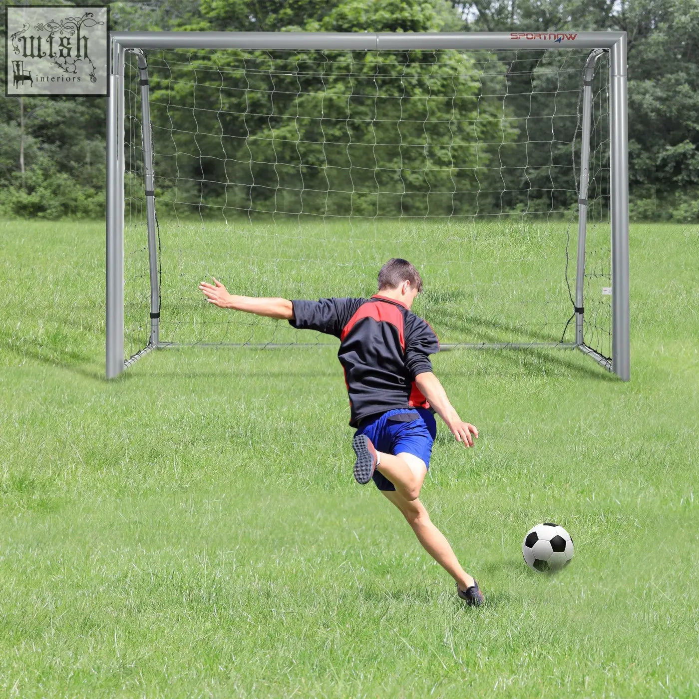 Silver metal 8ft x 5ft football goal with black netting and sportnow branding for easy garden setup